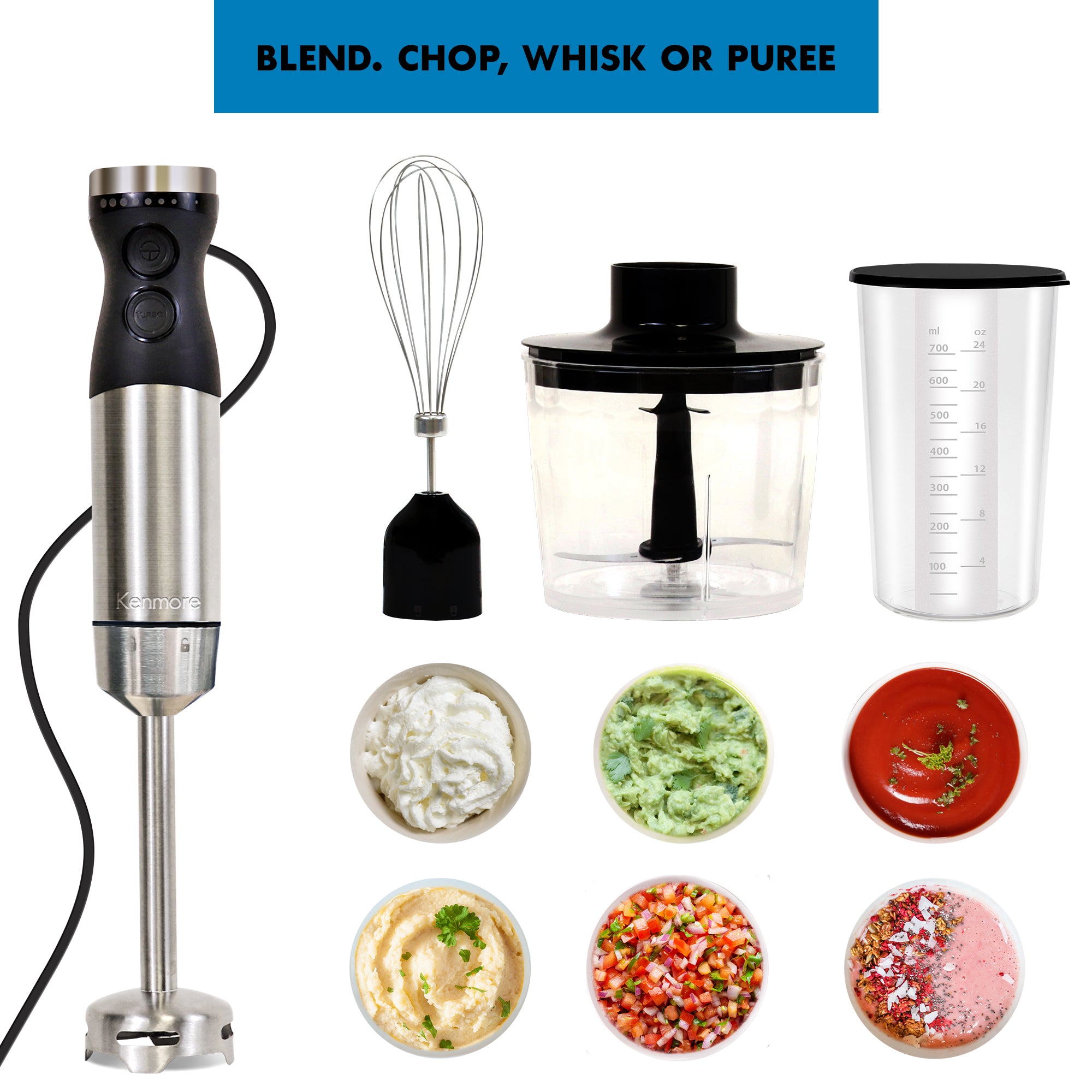 Kenmore 4-in-1 Hand Blender with Chopper Whisk Variable Speed Immersion Blender