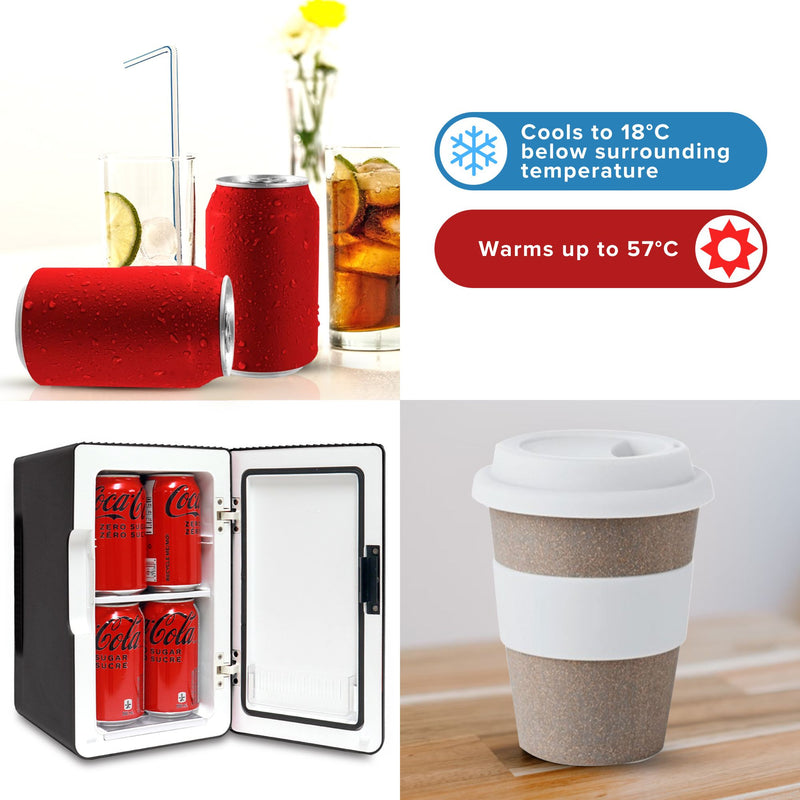  Three images show soft drink cans and glasses of coke; Koolatron 8 can cooler/warmer open with 4 coke cans visible inside; and a takeaway coffee cup on a wooden tabletop. Text reads, "Cools to 18°C below surrounding temperature; Warms up to 57°C"