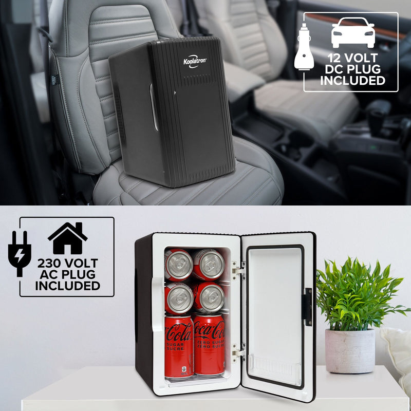 Top half shows the Koolatron portable mini fridge, closed, on the seat of a car with a black leather interior with text overlay reading,"12 volt DC plug included." Bottom half shows the mini fridge, open with 6 coke cans visible and a green plant in a white pot beside it on a white nightstand with text overlay reading, "230 volt AC plug included."