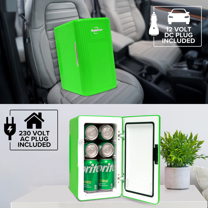 Top half shows the Koolatron portable mini fridge, closed, on the seat of a car with a black leather interior with text overlay reading,"12 volt DC plug included." Bottom half shows the mini fridge, open with 6 coke cans visible and a green plant in a white pot beside it on a white nightstand with text overlay reading, "230 volt AC plug included."