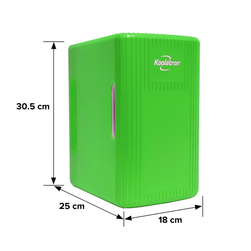 Koolatron 6 litre mini fridge, closed, with dimensions labeled, on a white background