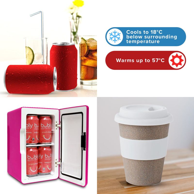  Three images show soft drink cans and glasses of coke; Koolatron 8 can cooler/warmer open with 4 coke cans visible inside; and a takeaway coffee cup on a wooden tabletop. Text reads, "Cools to 18°C below surrounding temperature; Warms up to 57°C"