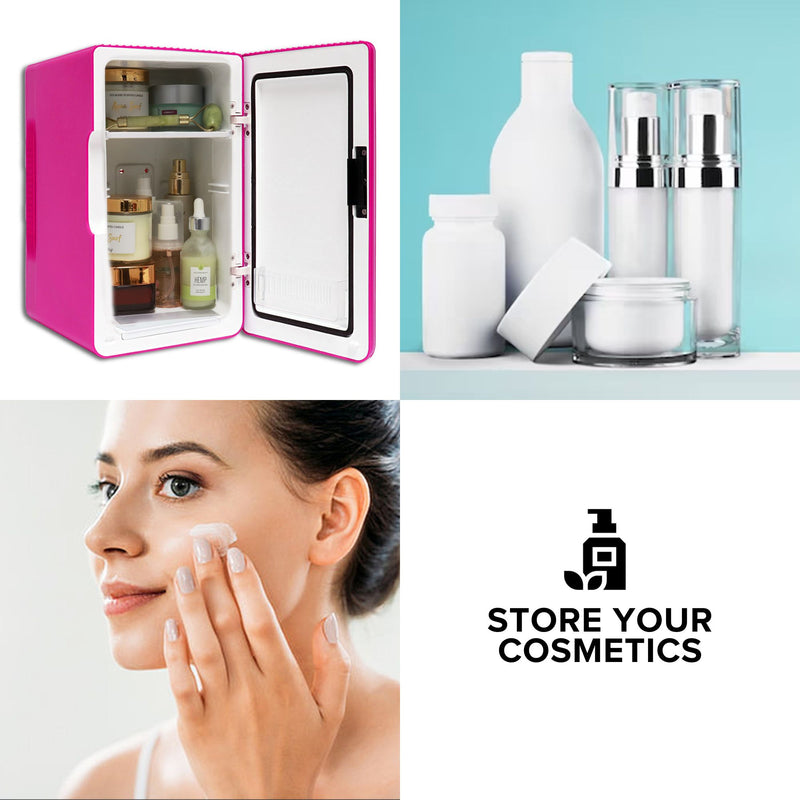 Three images show the Koolatron 6 L mini fridge open and filled with cosmetics & skincare items; white bottles and jars of beauty products on a light blue background; and a person with light skin, dark hair, and manicured fingernails applying cream to their cheek. Text reads, "Store your cosmetics"
