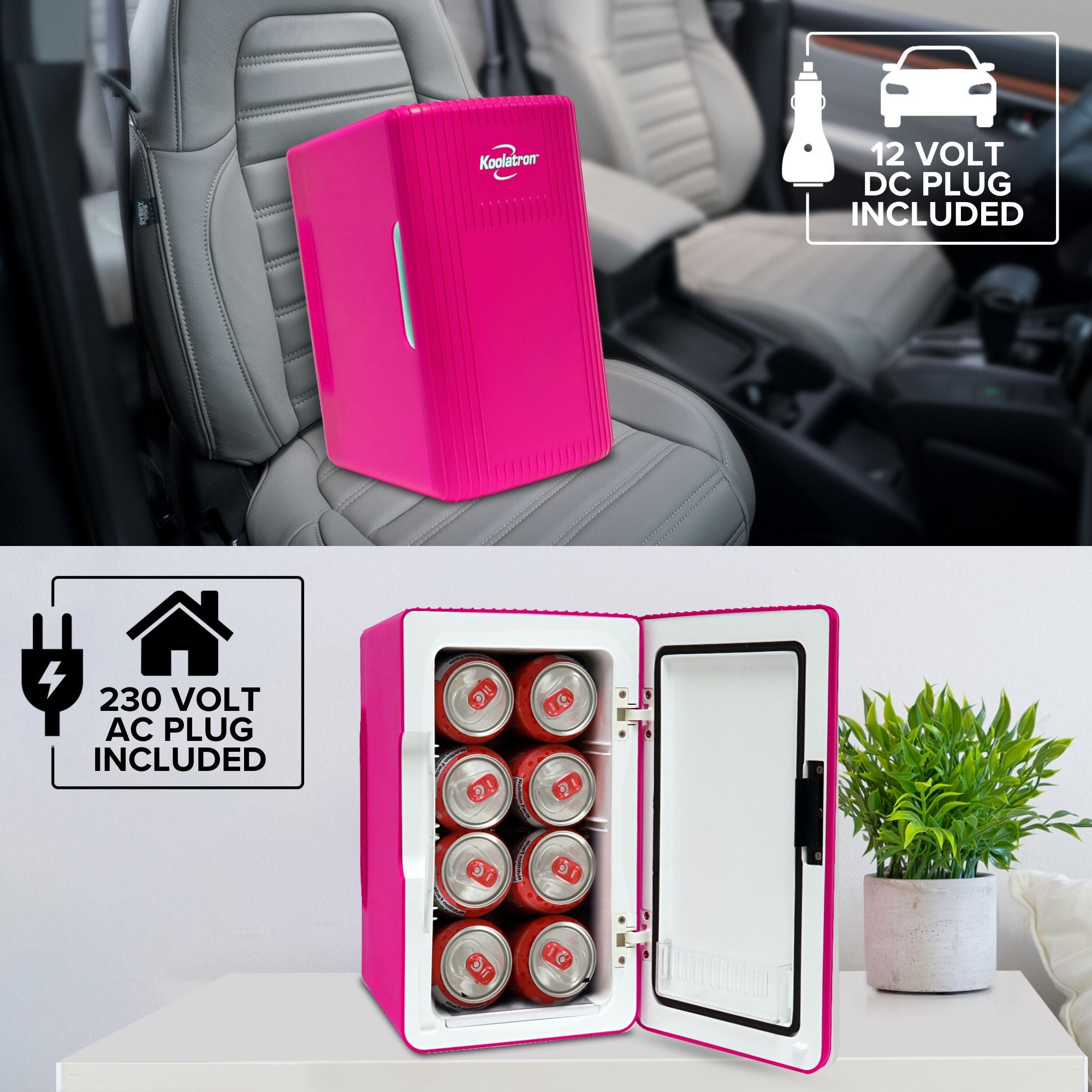 Top half shows the Koolatron portable mini fridge, closed, on the seat of a car with a black leather interior with text overlay reading,"12 volt DC plug included." Bottom half shows the mini fridge, open with 6 coke cans visible and a green plant in a white pot beside it on a white nightstand with text overlay reading, "230 volt AC plug included."
