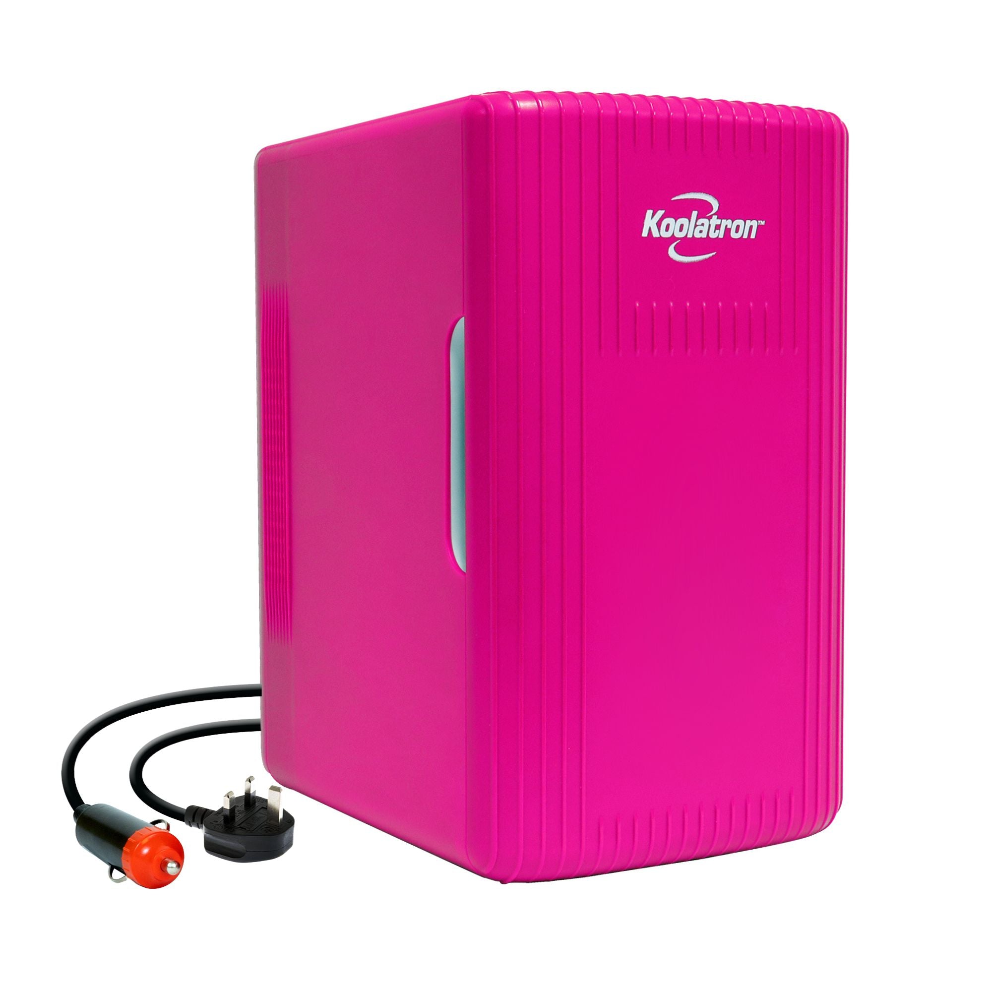 Koolatron 6 liter mini fridge, closed, with AC and DC power cords visible, on a white background