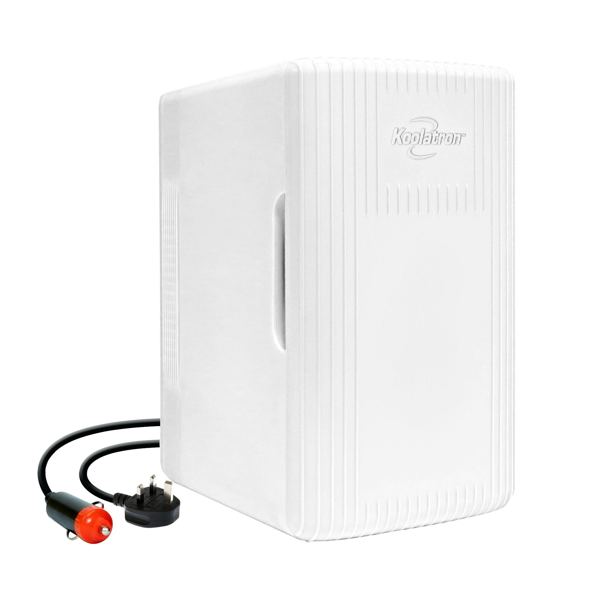 Koolatron 6 liter mini fridge, closed, with AC and DC power cords visible, on a white background