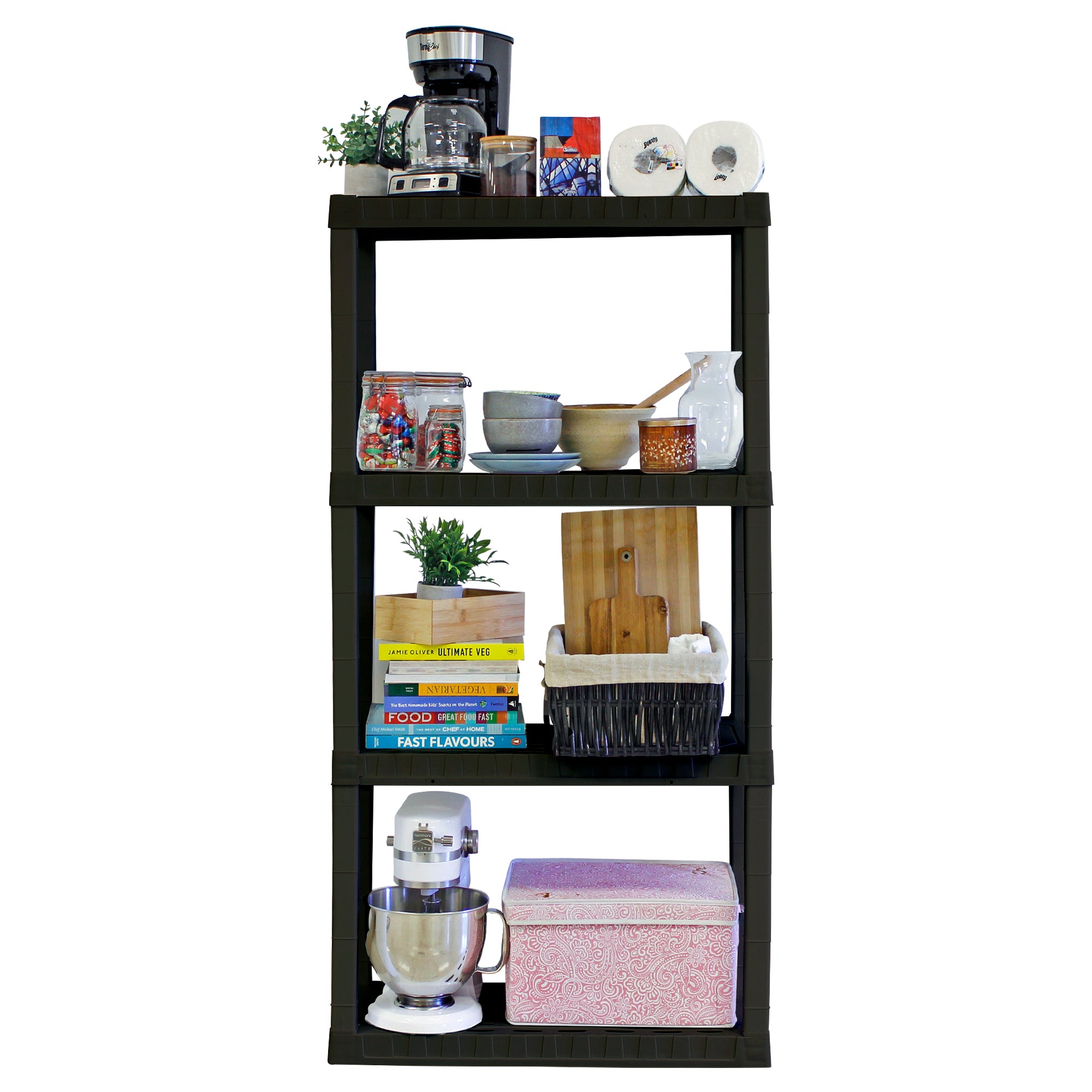 Oskar 4-Tier Storage Shelf, Holds 180 kg, H 145 X W 76 X D 36 CM, Multipurpose Organizer for Cellar, Basement, Utility Shed, Workshop, Tool-Free Assembly, Made With Recycled Materials, Black
