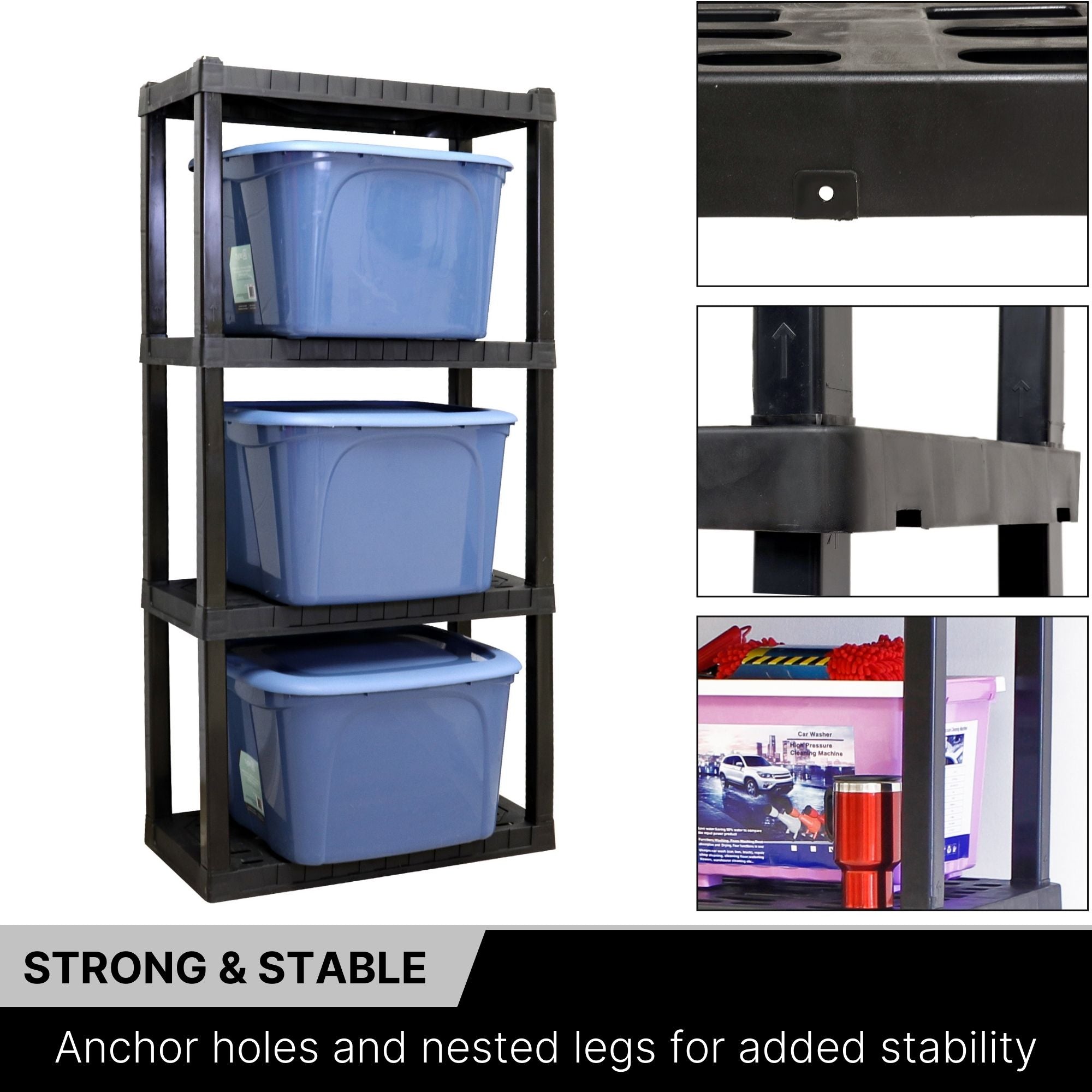 Oskar 4-Tier Storage Shelf, Holds 180 kg, H 145 X W 76 X D 36 CM, Multipurpose Organizer for Cellar, Basement, Utility Shed, Workshop, Tool-Free Assembly, Made With Recycled Materials, Black