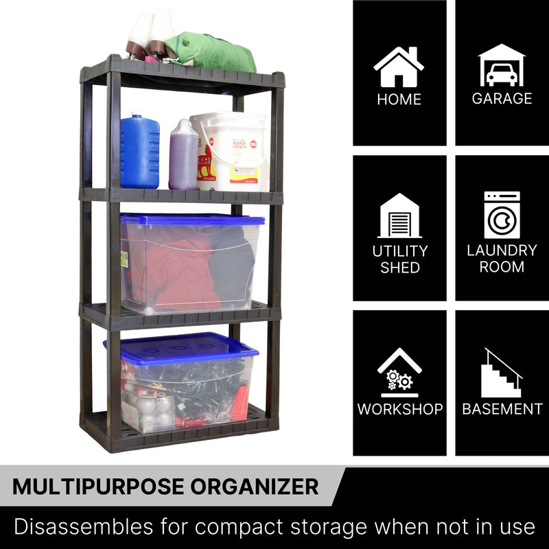 Oskar 4-tier storage shelf with kitchen items and storage totes on a white background. Text and icons to the right list places where the unit could be used: Home, garage, utility shed, laundry room, workshop, basement. Text below reads,"Multipurpose organizer: Disassembles for compact storage when not in use"