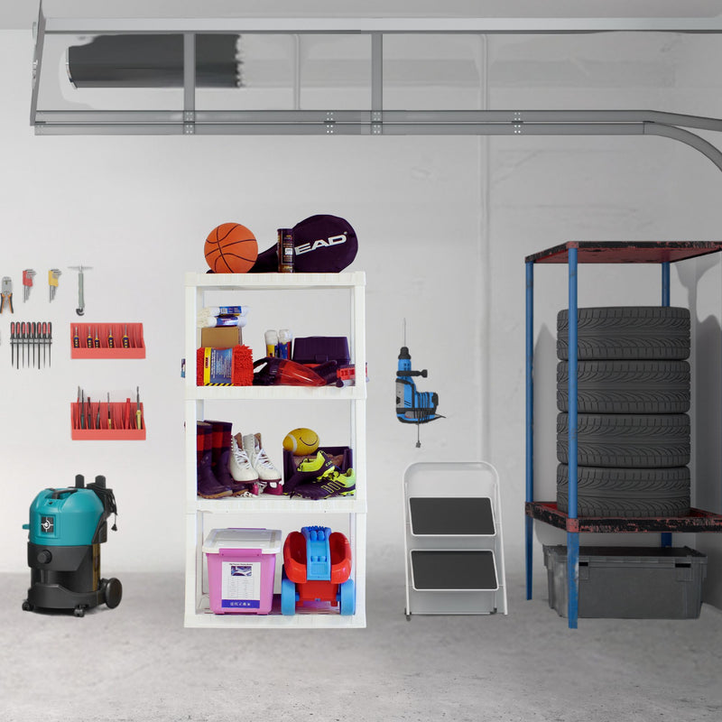 Oskar 4-tier shelf unit loaded with toys and sports equipment set up in a garage