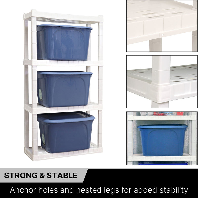 Oskar 4-tier storage shelves storage totes on the shelves on a white background on the left with 3 closeup images to the right showing the anchor holes, nested legs, and height of shelf. Text below reads, "Strong and Stable: Anchor holes and nested legs for added stability"
