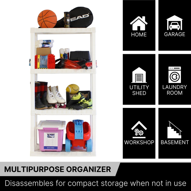 Oskar 4-tier storage shelf with kitchen items and storage totes on a white background. Text and icons to the right list places where the unit could be used: Home, garage, utility shed, laundry room, workshop, basement. Text below reads,"Multipurpose organizer: Disassembles for compact storage when not in use"