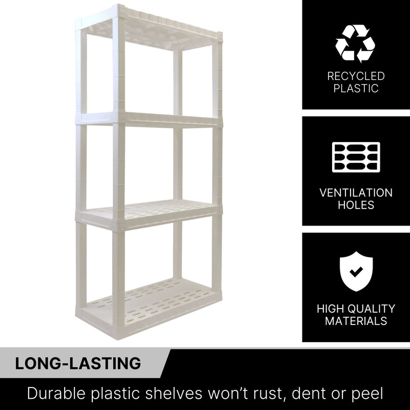 Oskar 4-tier shelf unit on a white background with text and icons to the right describing features: Recycled plastic; ventilation holes; high quality materials. Text below reads,"Long-lasting: Durable plastic shelves won’t rust, dent or peel"