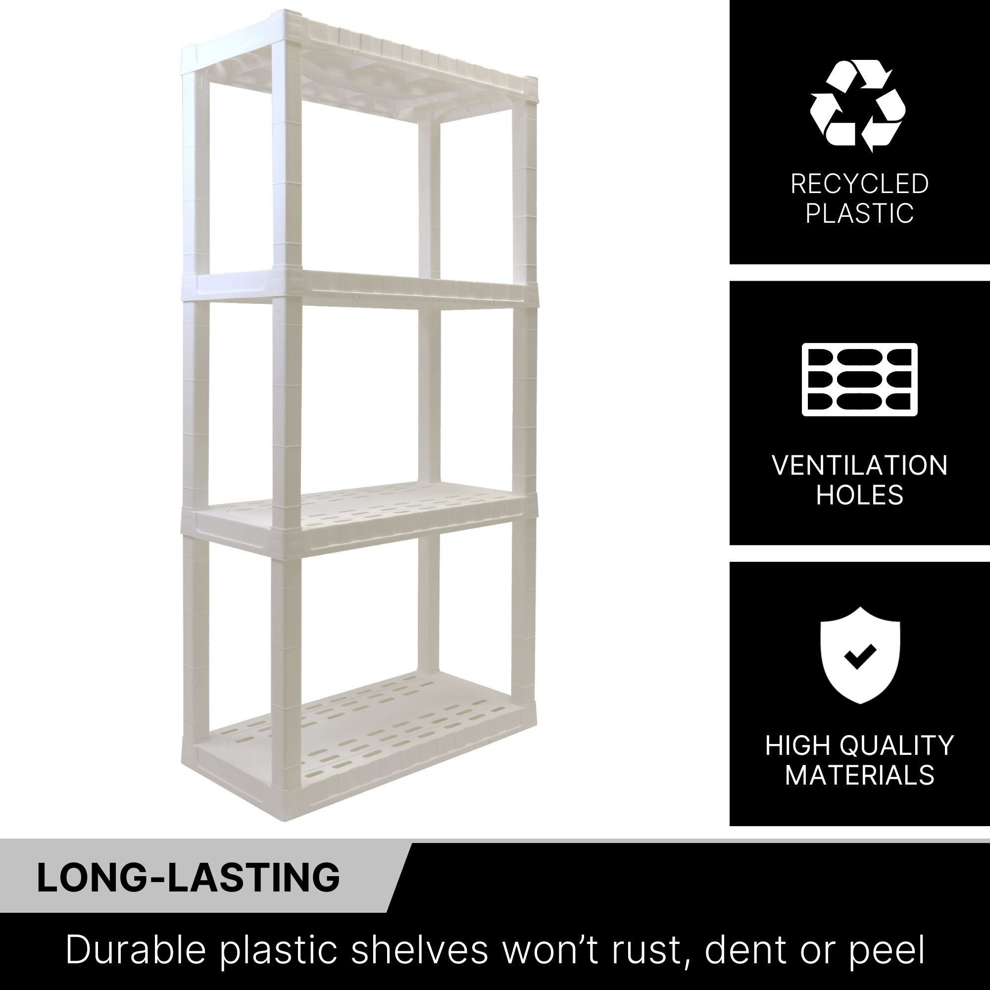 Oskar 4-Tier Storage Shelf, Holds 180 kg, H 145 X W 76 X D 36 CM, Multipurpose Organizer for Cellar, Basement, Utility Shed, Workshop, Tool-Free Assembly, Made With Recycled Materials, White