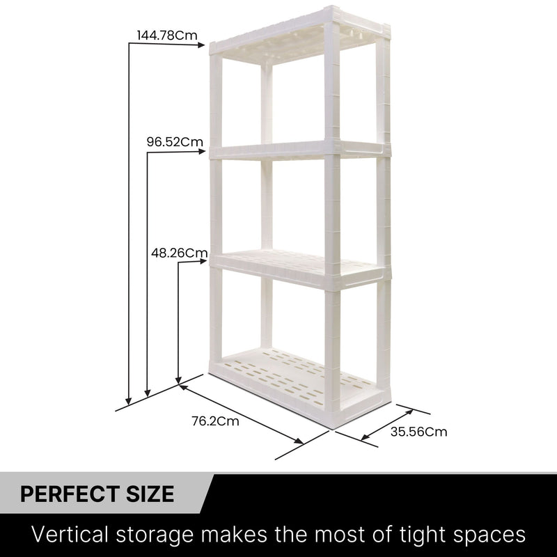 Oskar 4-tier storage shelf unit empty on a white background with dimensions labeled. Text below reads, "Perfect size: Vertical storage makes the most of tight spaces"