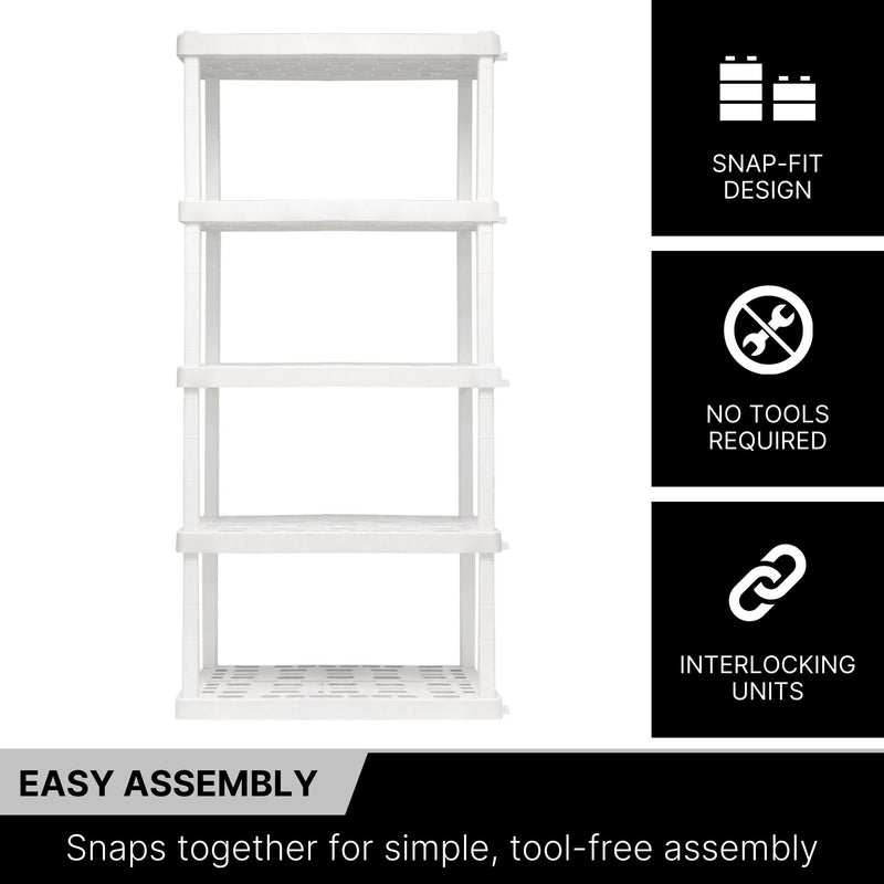 Oskar 5-tier storage shelf on a white background with text and icons to the right describing features: Snap-fit design; No tools required; Interlocking units. Text below reads,"Easy assembly: Snaps together for simple, tool-free assembly"