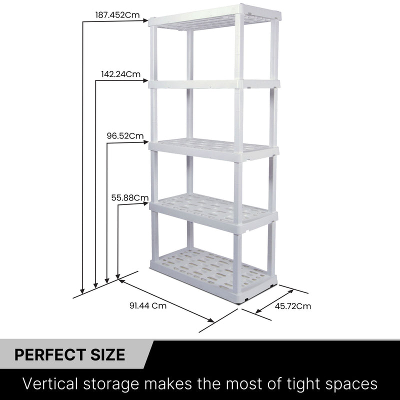 Oskar 5-tier storage shelf unit empty on a white background with dimensions labeled. Text below reads, "Perfect size: Vertical storage makes the most of tight spaces"