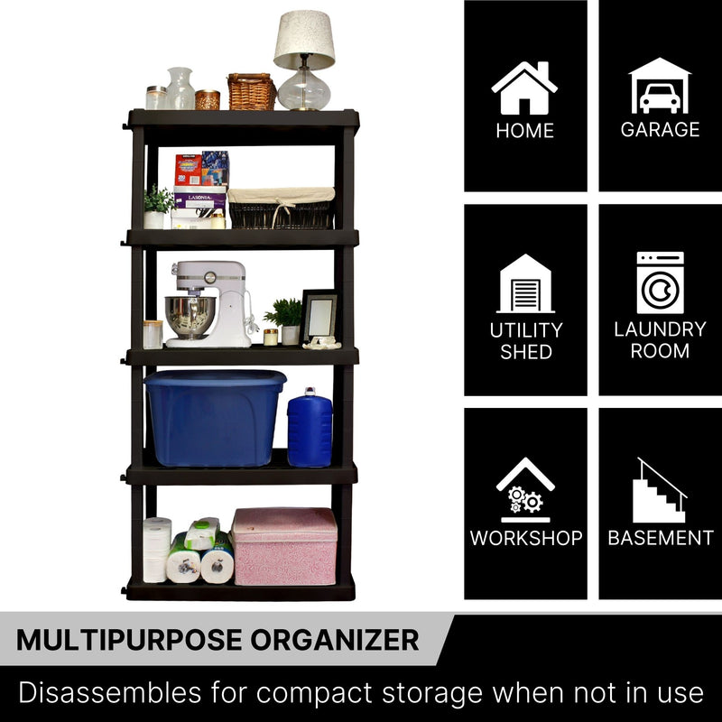Oskar 5-tier storage shelf with kitchen items and storage totes on a white background. Text and icons to the right list places where the unit could be used: Home, garage, utility shed, laundry room, workshop, basement. Text below reads,"Multipurpose organizer: Disassembles for compact storage when not in use"