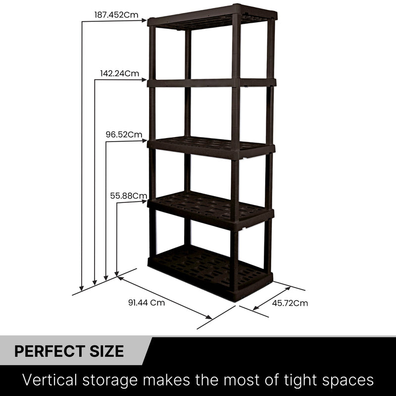 Oskar 5-tier storage shelf unit empty on a white background with dimensions labeled. Text below reads, "Perfect size: Vertical storage makes the most of tight spaces"