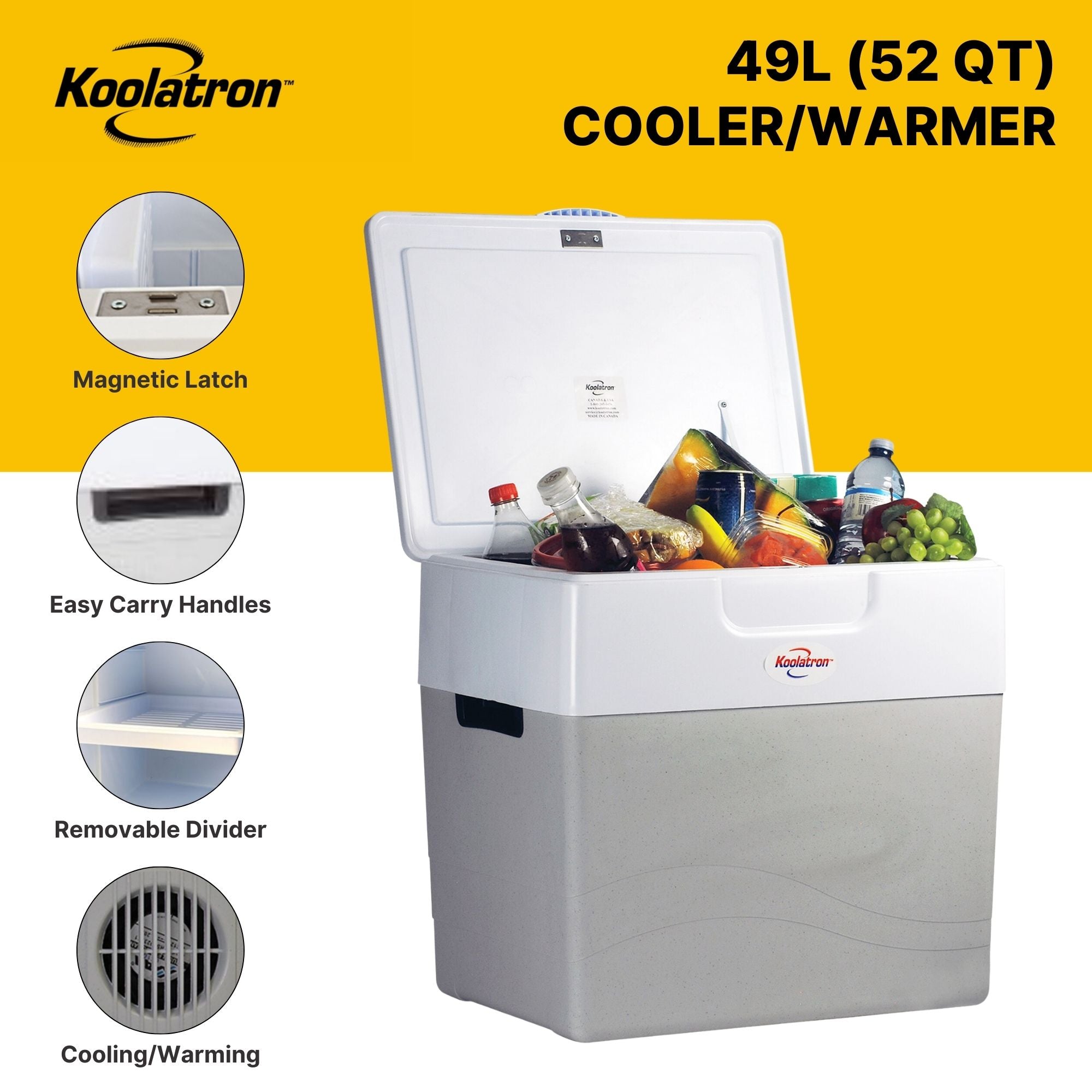 Koolatron Electric Cool Box 49L Cooler Box 80 Can Portable 12v Camping Car Fridge Refrigerator For Campervan Perfect for Road Trips Picnics Travel Two-Way Design Cooler/Warmer Mini Fridge Grey
