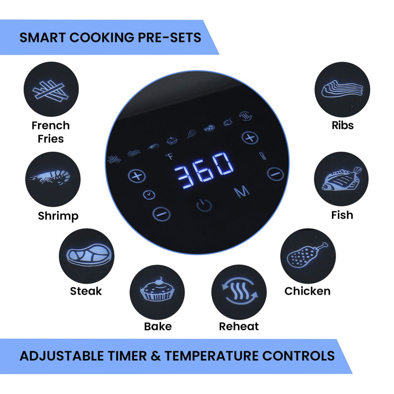 Closeup of the air fryer’s digital control panel display screen surrounded by inset images of the cooking function buttons, labeled: French fries; Shrimp; Steak; Bake; Reheat; Chicken; Fish; Bacon. Text above reads, Smart cooking presets; and text below reads, Adjustable timer and temperature controls.