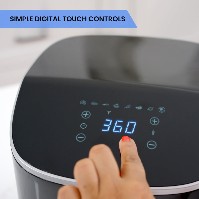 Closeup of a person’s finger touching the digital control panel on top of the Total Chef air fryer. Text above reads, Simple digital touch controls.