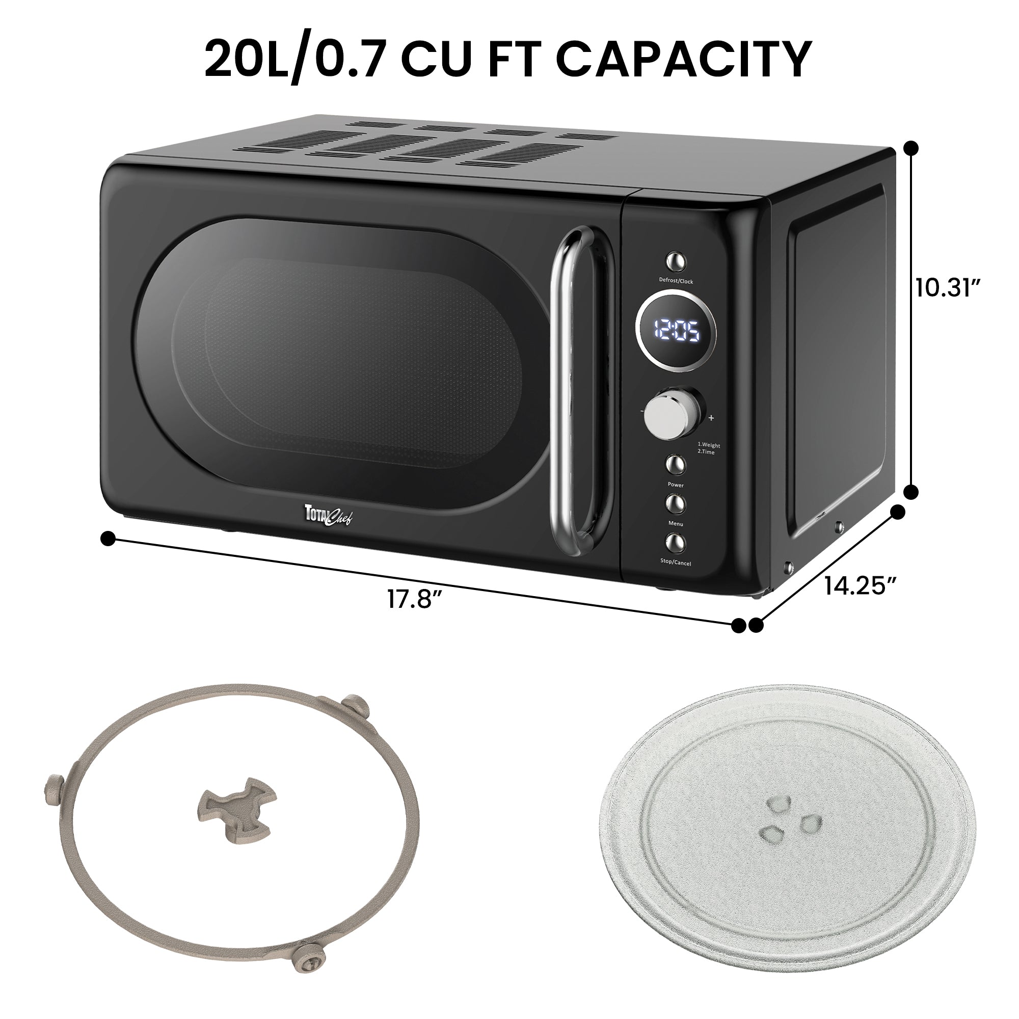 Retro Microwave Oven, 20L/0.7 Cu Ft 700W, 8 Pre-set Modes, Quick Start & Defrost By Wgt/Time, 5 Cooking Power Levels, Digital LED Display, Compact Countertop Black Microwave Ovens, Black