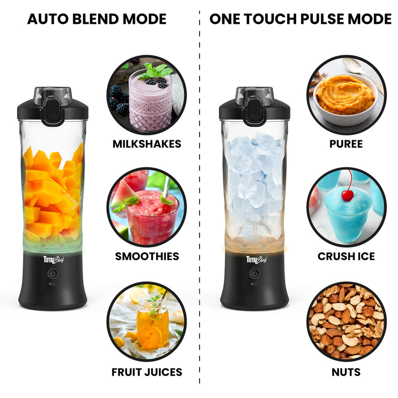 Left half shows a product shot on white background of the Total Chef personal USB blender with the LED indicators glowing green. Text above reads, "Auto blend mode," and three inset images to the right, labeled, show a creamy pale purple milkshake, a bright pink smoothie, and orange fruit juice. Right half shows the blender with LED indicators glowing yellow, text above reading, "Pulse mode," and three inset images labeled, "puree," "crush ice," and "nuts."