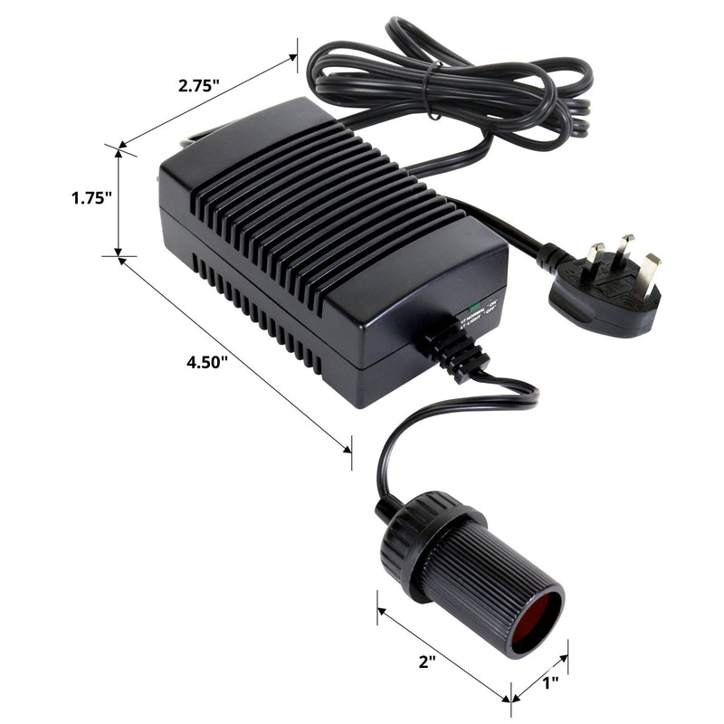 Product shot of AC to DC power adapter on a white background with dimensions labeled