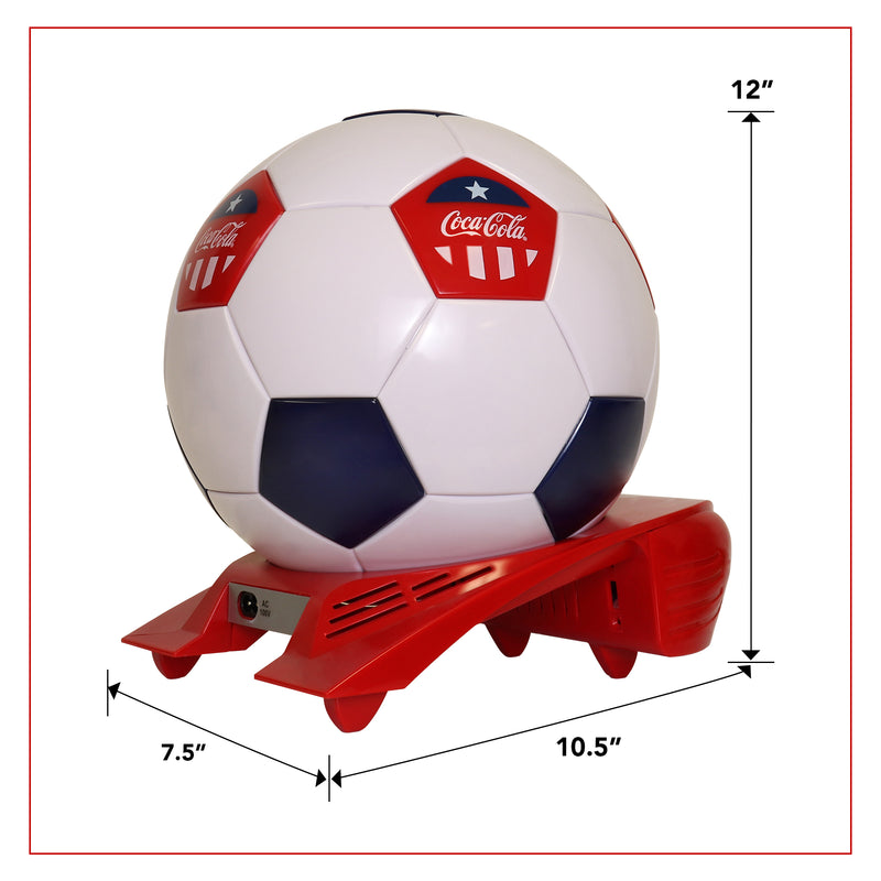 Product shot of Coca-Cola soccer ball shaped mini fridge on a white background with dimensions labeled