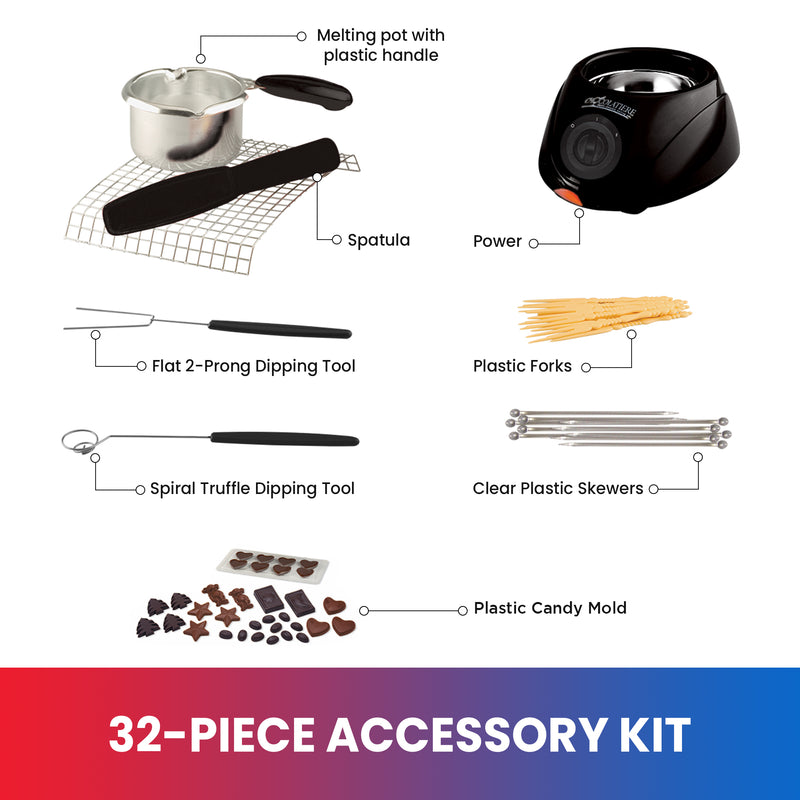 Product shots on white background of the items comprising 32 piece accessory kit, labeled: Melting pot with plastic handle; spatula; flat 2-prong dipping tool; spiral truffle dipping tool; power base; plastic forks; clear plastic skewers; plastic candy mold