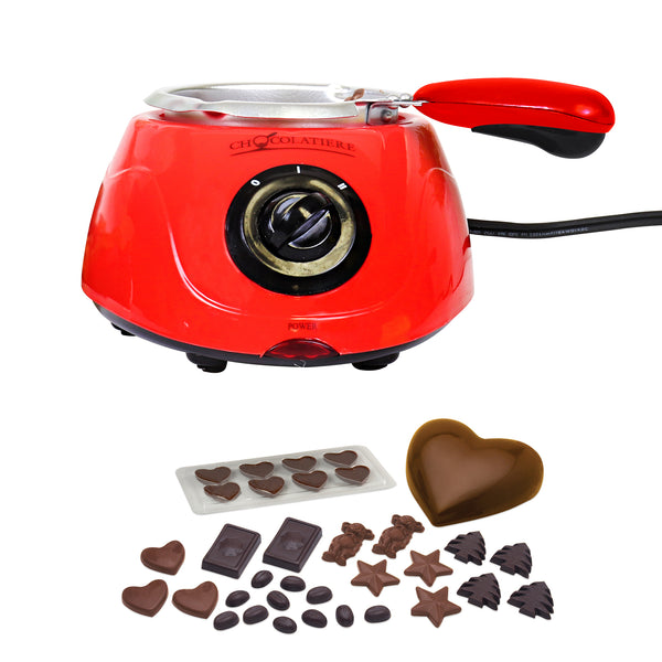 Product shot of electric chocolate melter and molded chocolates on white background