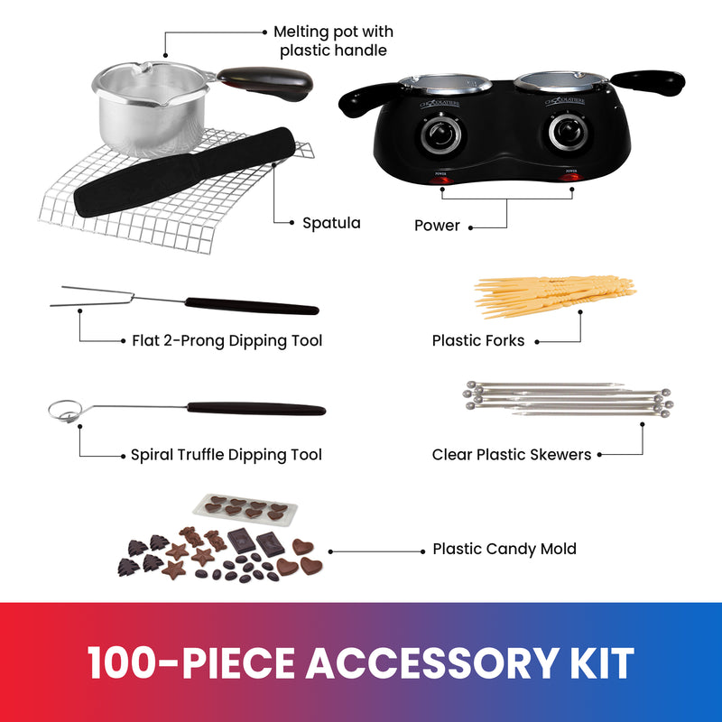 Product shots on white background of some of the items comprising the 100 piece accessory kit, labeled: Melting pot with plastic handle; spatula; flat 2-prong dipping tool; spiral truffle dipping tool; power base; plastic forks; clear plastic skewers; plastic candy 