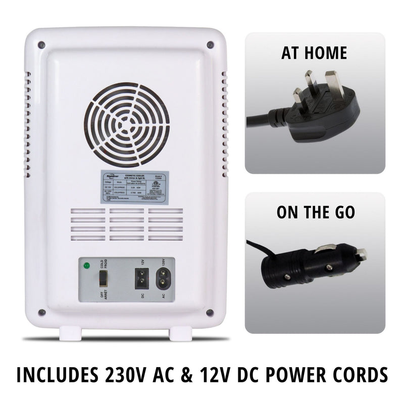Product shot on a white background of the back of the cosmetics fridge with closeup images to the right of the AC and DC cords, labeled "at home" and "on the go" respectively. Text below reads, "Includes 220V AC and 12V DC power cords"
