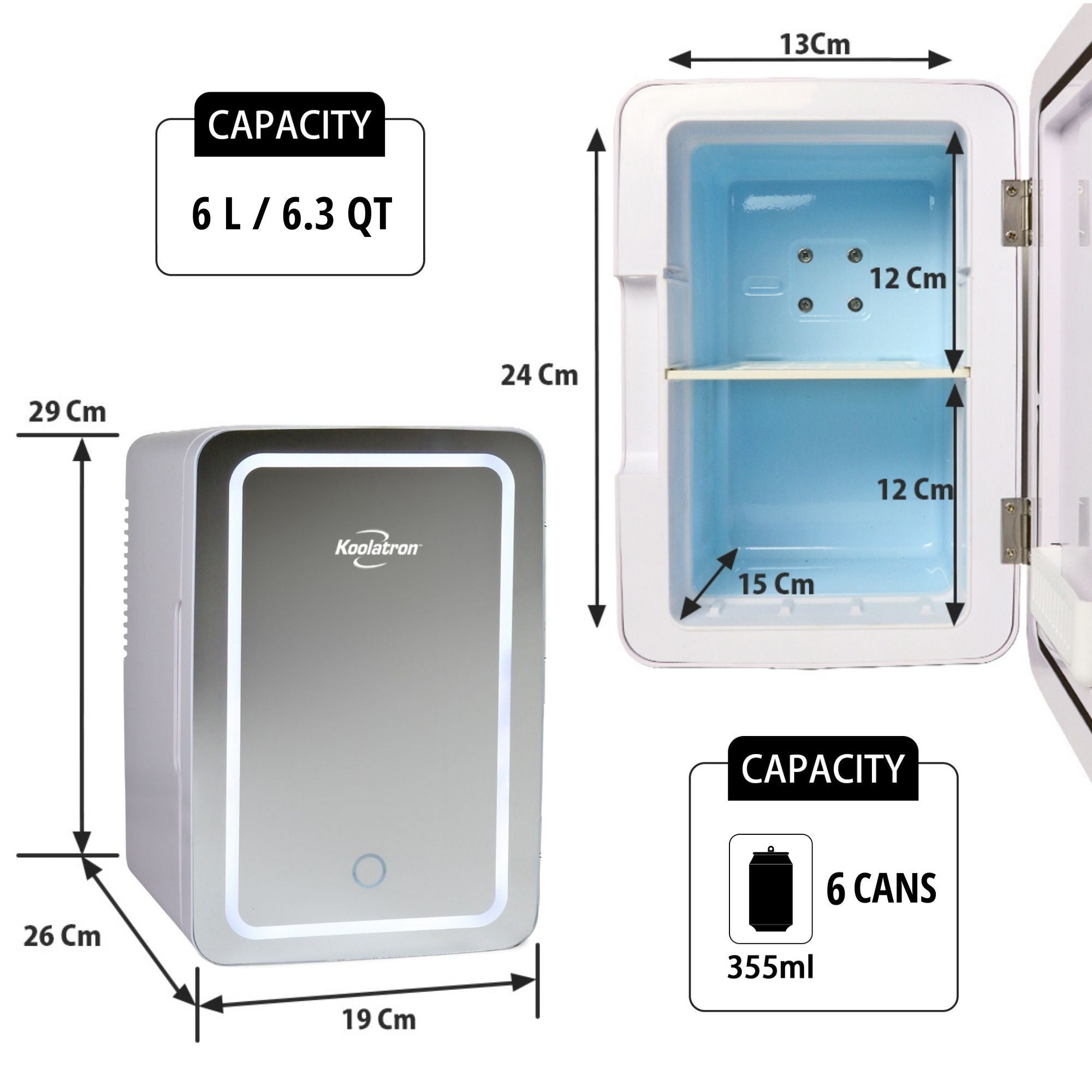 Two product shots on a white background show the cosmetics fridge with door open and interior dimensions labeled and door closed and exterior dimensions labeled. Text above reads, "Capacity: 6L/6.3 qt" and text below reads, "Capacity: 6 cans (355 mL)"