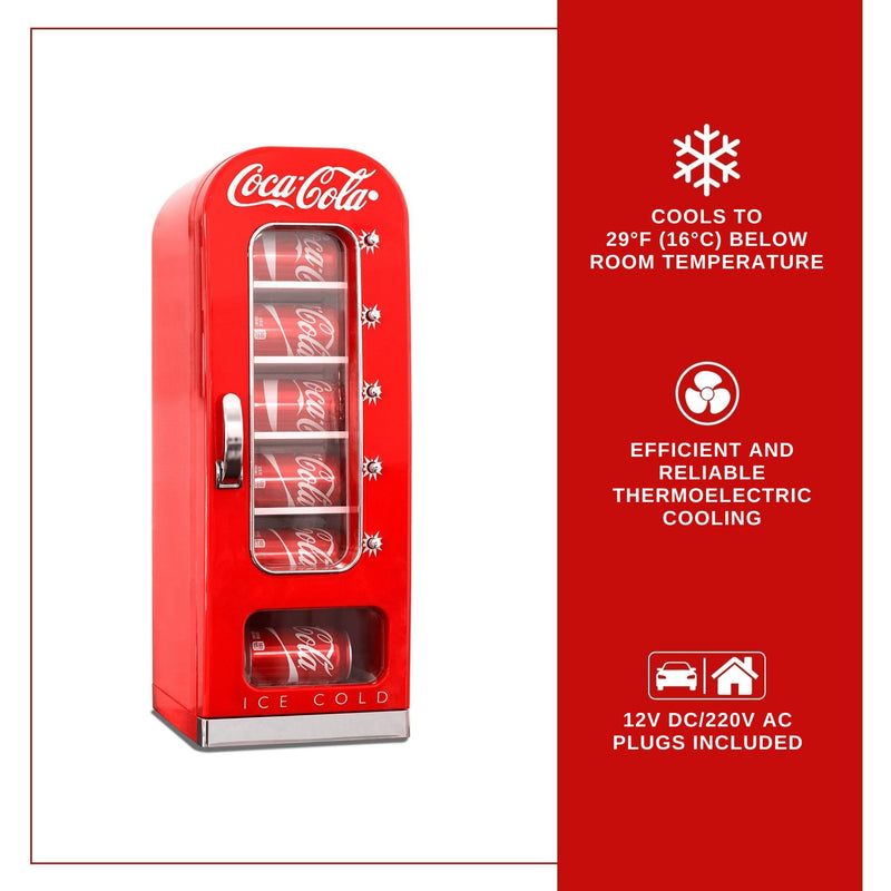 Product shot of Coca-Cola 10 can vending mini fridge on a white background, closed with cans of Coke inside. Text and icons to the right describe: Cools to 29F (16C) below room temperature; efficient and reliable thermoelectric cooling; 12V DC/220V AC plugs included