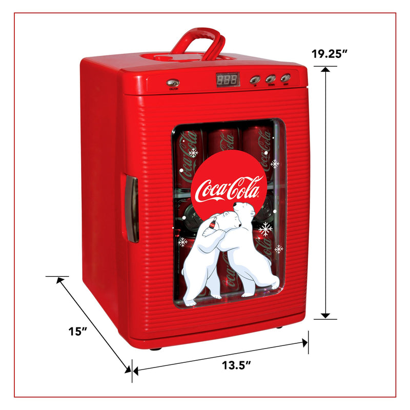 Product shot of Coca-Cola 28 can mini fridge with display window, closed, on a white background with dimensions labeled