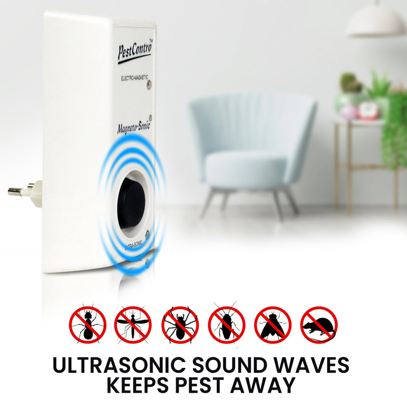 Product shot of pest repeller in the foreground with living room furniture in the background and black images of common household pests in crossed out red circles below. Text below reads, "Ultrasonic sound waves keeps pests away"