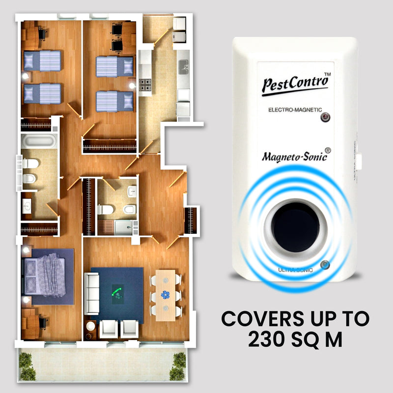 On the left is an illustrated floor plan of a residence. On the right is a product shot of pest repeller with text below reading, "Covers up to 230 sq m"