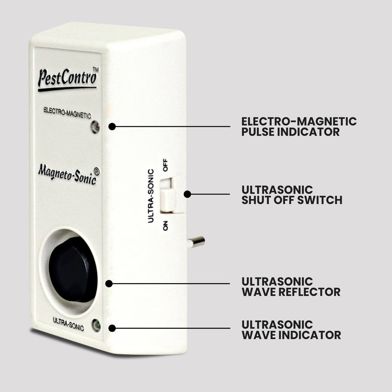 Product shot of pest repeller on a light gray background with parts labeled: Electro-magnetic pulse indicator; ultrasonic shut-off switch; ultrasonic wave reflector; ultrasonic wave indicator