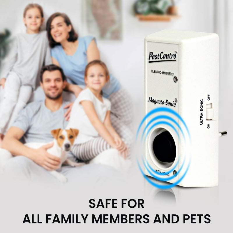 Product shot of pest repeller in the foreground with a picture of two adults with light skin and dark brown hair, two children with light skin and medium brown hair, and a small white and tan dog. Text below reads, "Safe for all family members and pets"