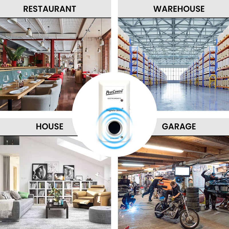 Product shot of the pest repeller in the middle surrounded by a grid of four images, labeled, show settings where the pest repeller could be used: 1. Restaurant; 2. Warehouse; 3. House; and 4. Garage
