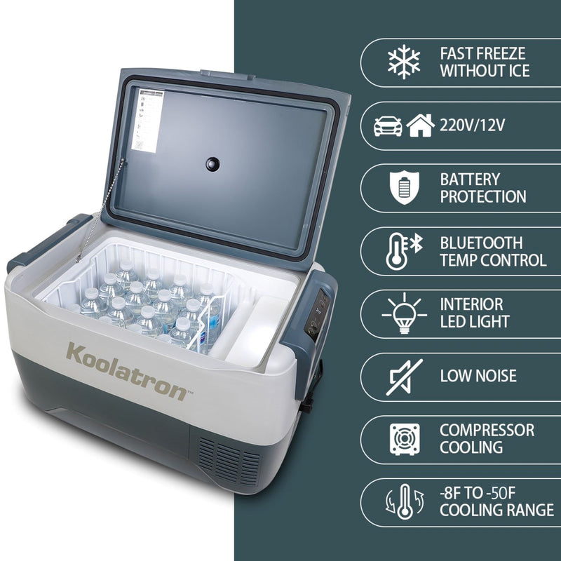 Product shot of 12V portable fridge, open and filled with water bottles, on a white background with features listed to the right: Fast freeze without ice; 220V/12V; battery protection; Bluetooth temp control; interior LED light; low noise; compressor cooling; -8F to -50F cooling range