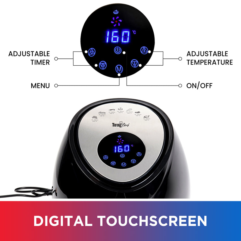 Product shot of the top of the air fryer with an inset closeup of the control panel with controls labeled: Adjustable timer; menu; adjustable temperature; on/off. Text below reads, "Digital touchscreen"