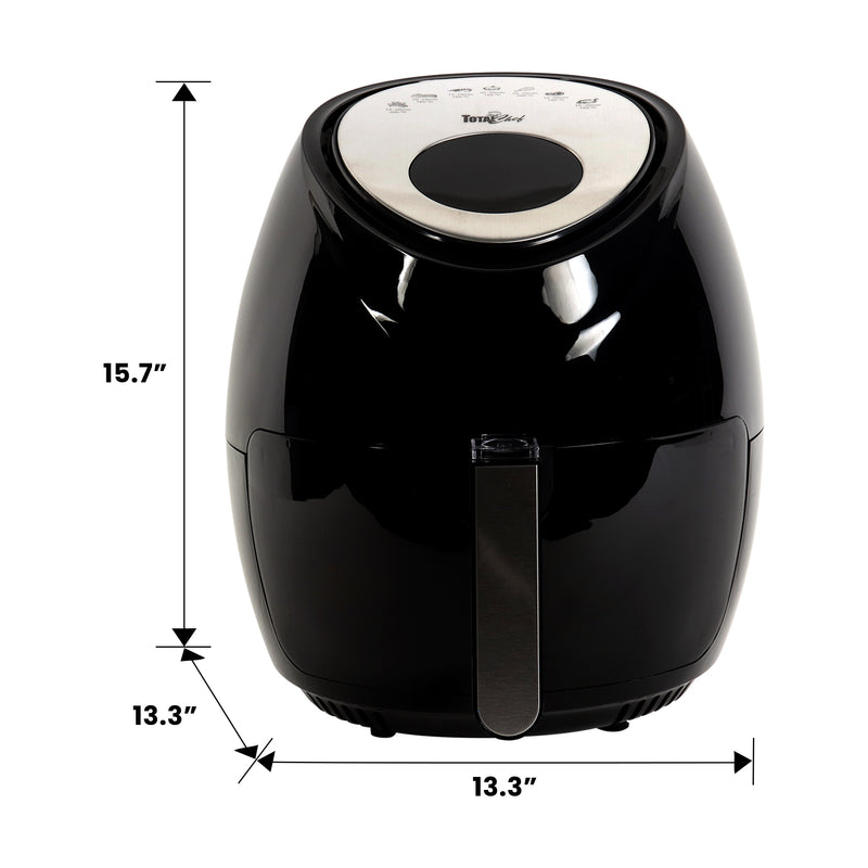 Product shot of Total Chef air fryer on a white background with dimensions labeled
