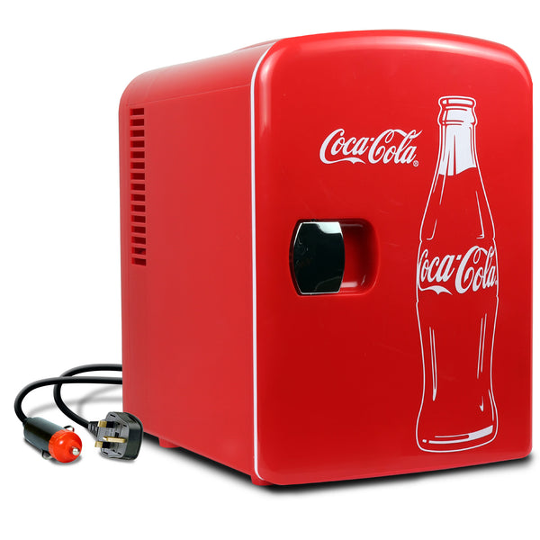 Product shot of Coca-Cola Classic Bottle 4L mini fridge, closed, with AC and DC power cords visible, on a white background