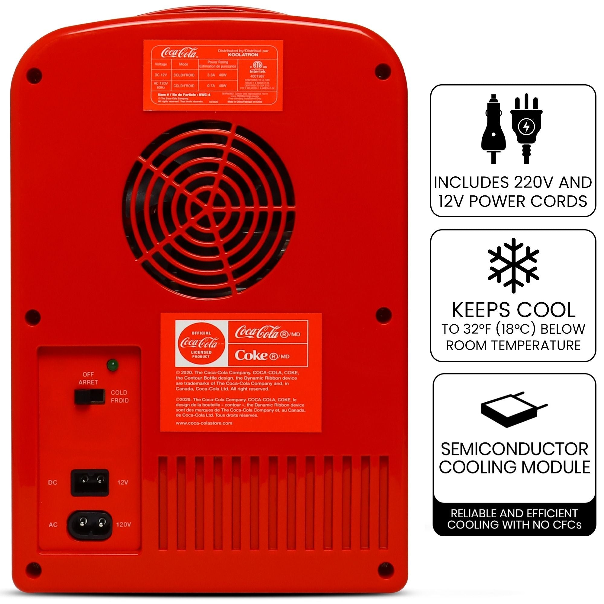 Product shot of the back of the Coca-Cola Classic Bottle 4L 12V cooler on a white background with power switch and plug sockets visible. Text and icons to the right describe: Includes 110V and 12V power cords; Keeps cool to 32F (18C) below room temperature; semiconductor cooling module - reliable and efficient cooling with no CFCs