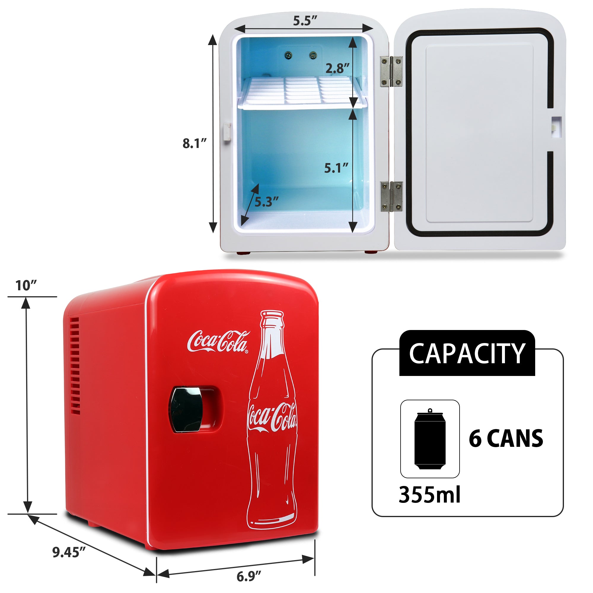 Two product shots of Coca-Cola Classic Bottle 4L mini fridge, open and closed, on a white background, with interior and exterior dimensions labeled. Inset text and icons describes: Capacity - 6 cans 355 mL