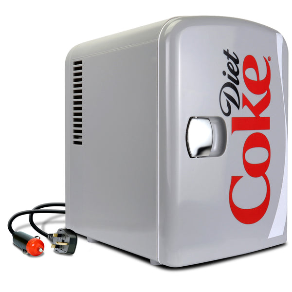 Product shot of Coca-Cola Diet Coke 4L mini fridge, closed, with AC and DC power cords visible, on a white background