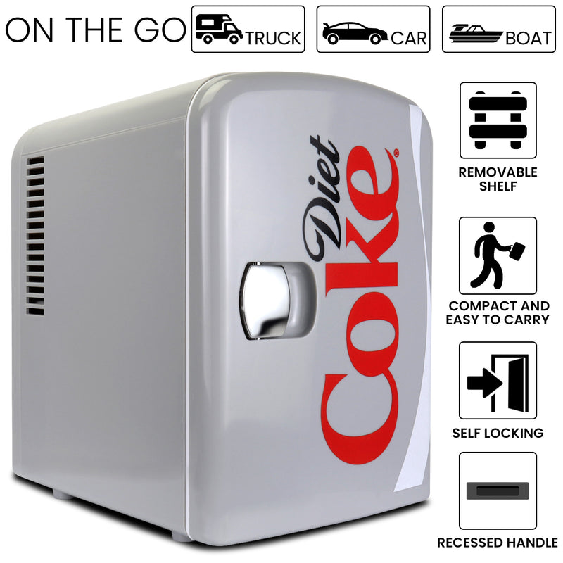 Product shot of Coca-Cola Diet Coke 6 can mini fridge on a white background. Text and icons above describe: On the go - truck car boat. Text and icons to the right describe: Removable shelf; compact and easy to carry; self-locking; recessed handle